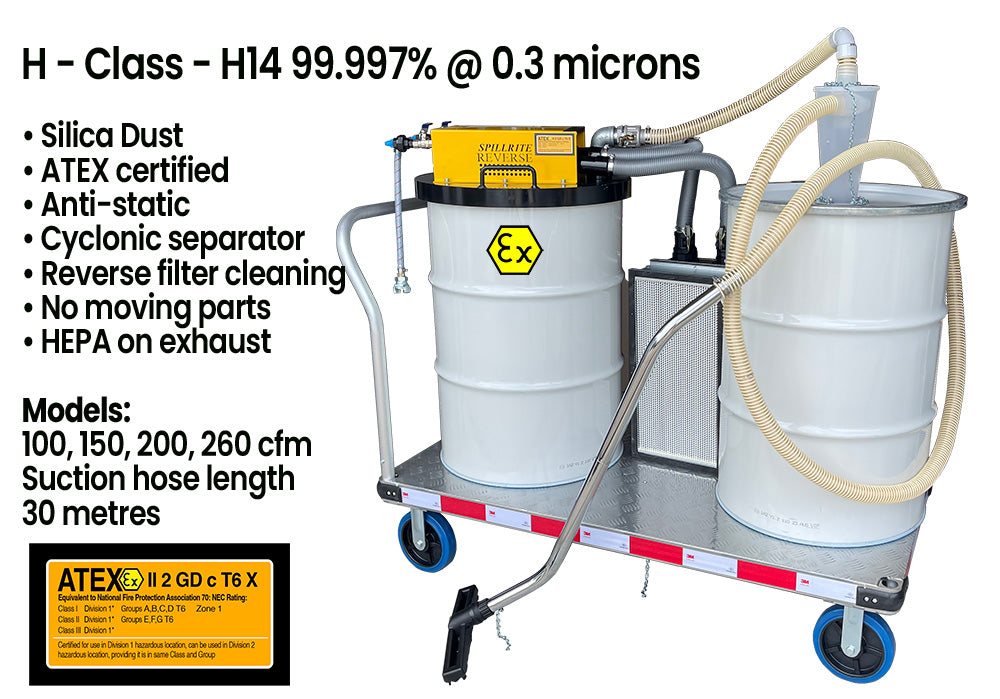 Combustible dust vacuum 100 cfm with HEPA and cyclone - ATEX certified